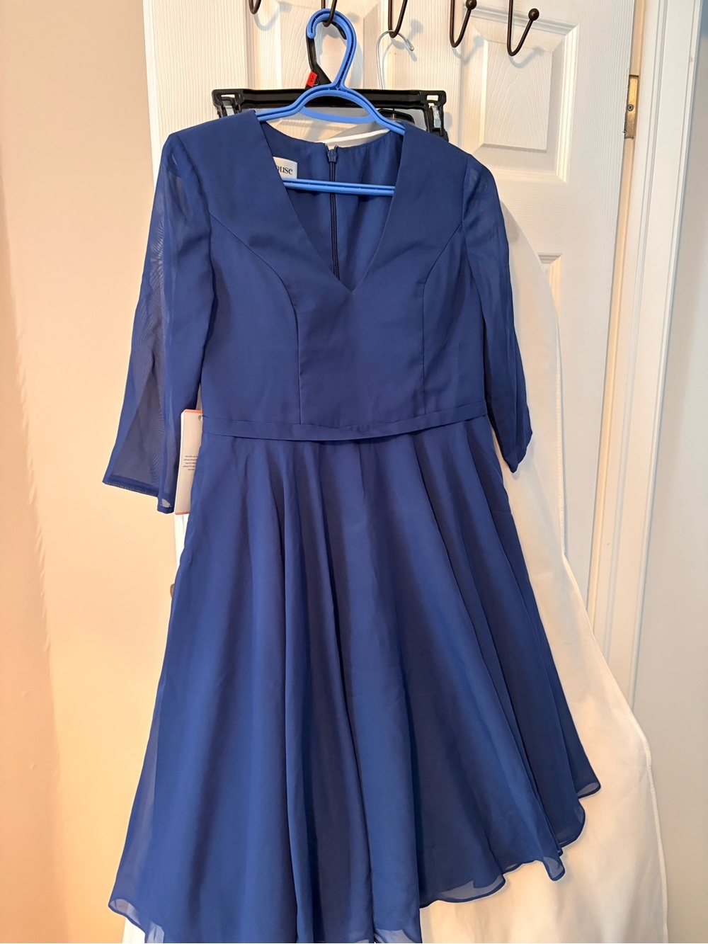 JJs House Royal Blue V-Neck Midi Dress with Sheer Three-Quarter Sleeves